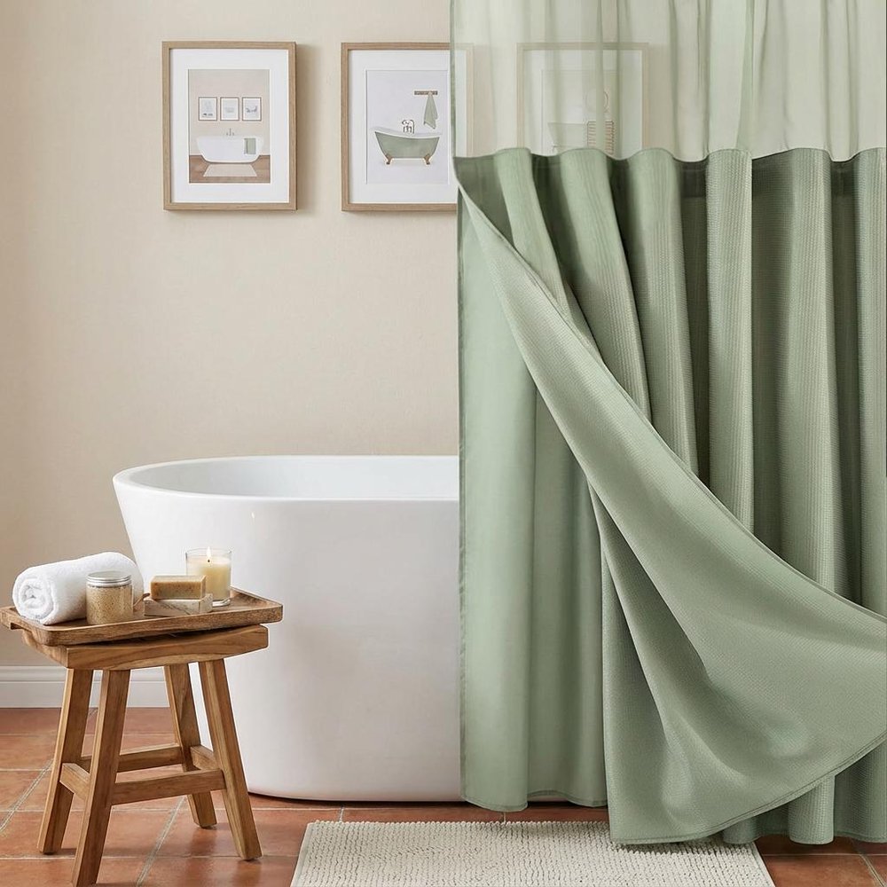 Sage Green Modern Grid Shower Curtain and Liner Set in a home interior