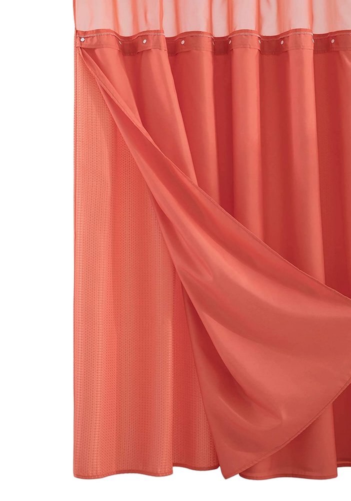 Coral Sheer and Grid Shower Curtain and Liner Set on a white background