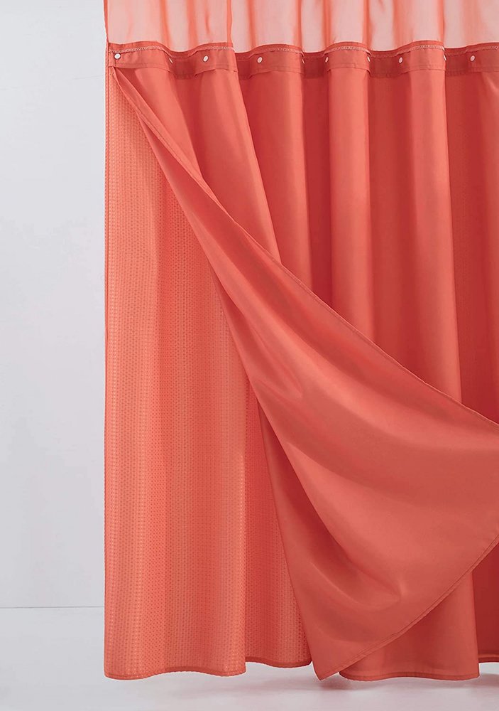 Coral Sheer and Grid Shower Curtain and Liner Set in a home interior