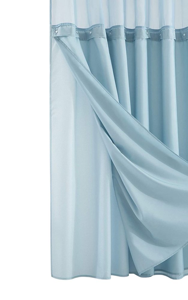 Light Blue Sheer and Grid Shower Curtain and Liner Set on a white background