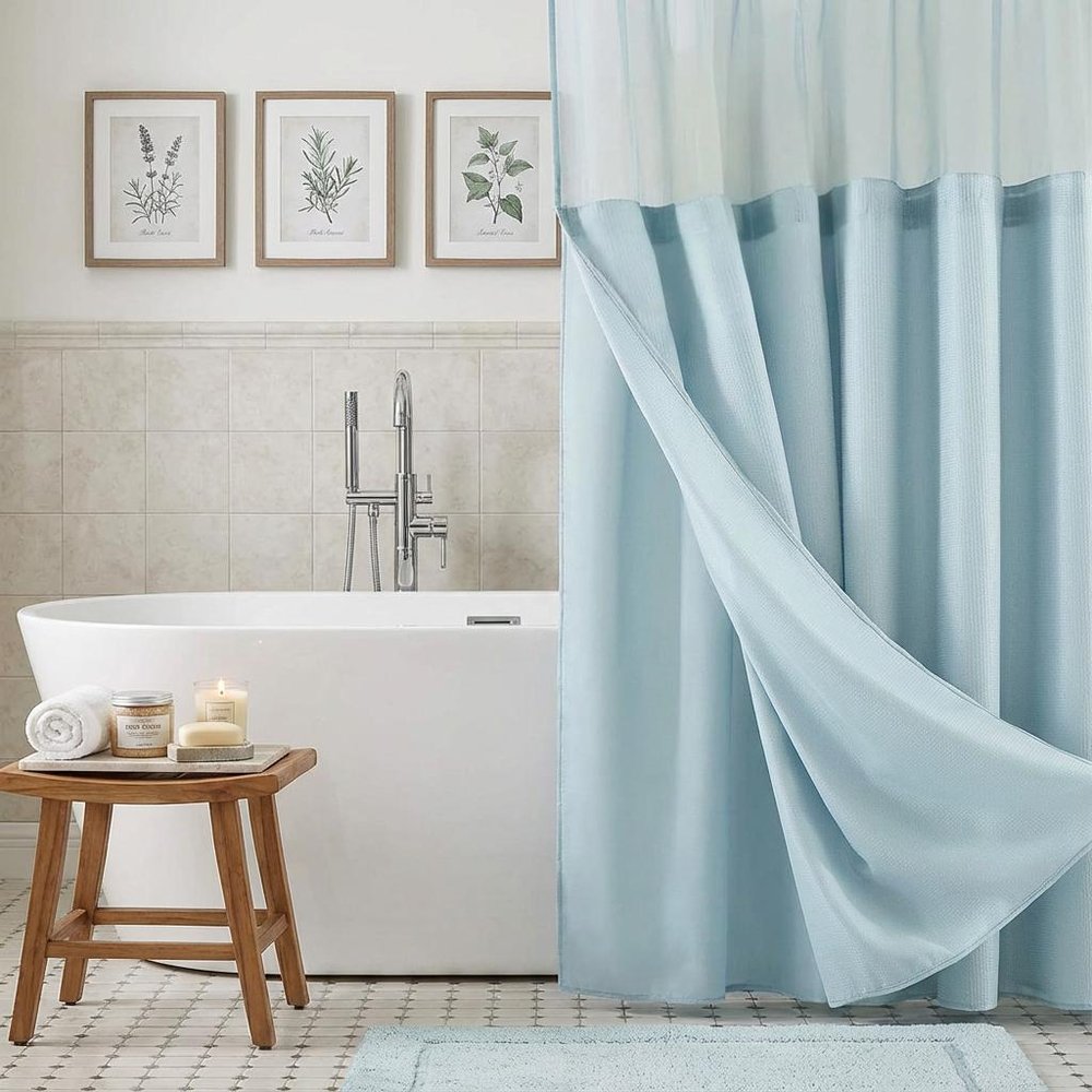 Light Blue Sheer and Grid Shower Curtain and Liner Set on a white background