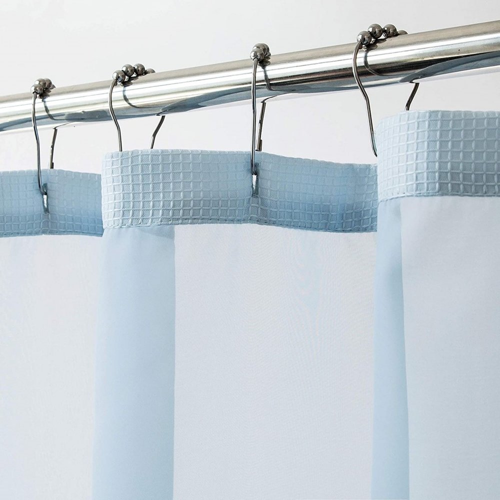 Light Blue Sheer and Grid Shower Curtain and Liner Set close-up detail