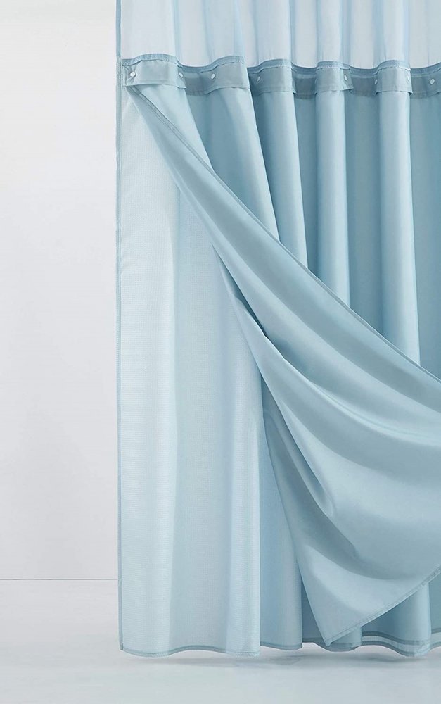 Light Blue Sheer and Grid Shower Curtain and Liner Set close-up detail