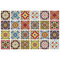 A grid of 24 square peel and stick tiles with colorful, intricate Mediterranean mosaic patterns on a white background.