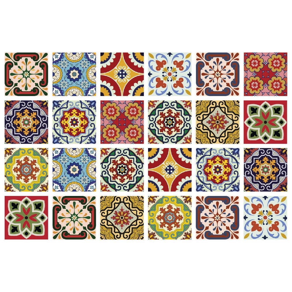A grid of 24 square peel and stick tiles with colorful, intricate Mediterranean mosaic patterns on a white background.