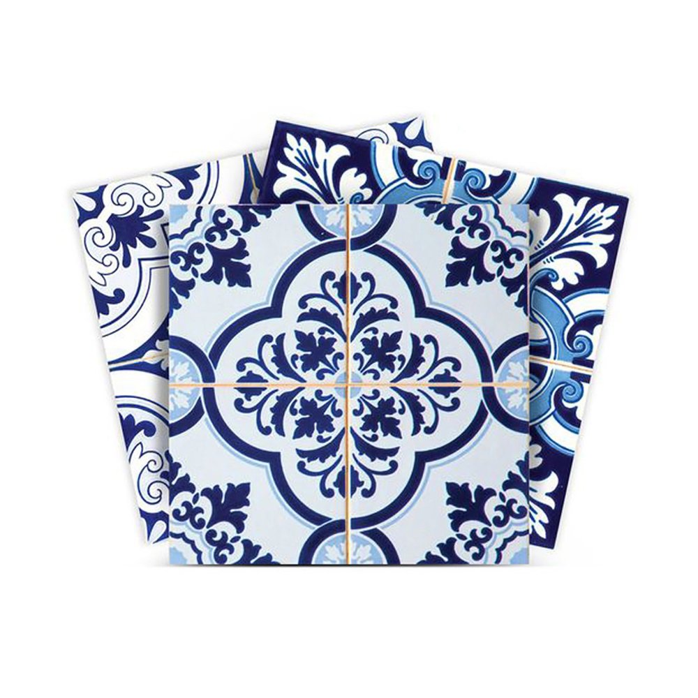 6" x 6" Blue And White Vinyl Peel And Stick Removable Tiles on a white background