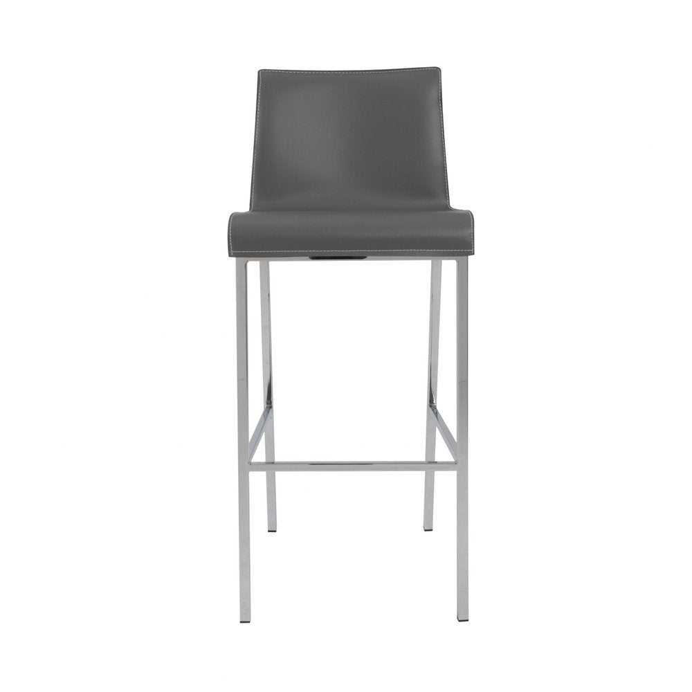 Gray leather low back bar stool with a polished chrome steel frame on a white background.
