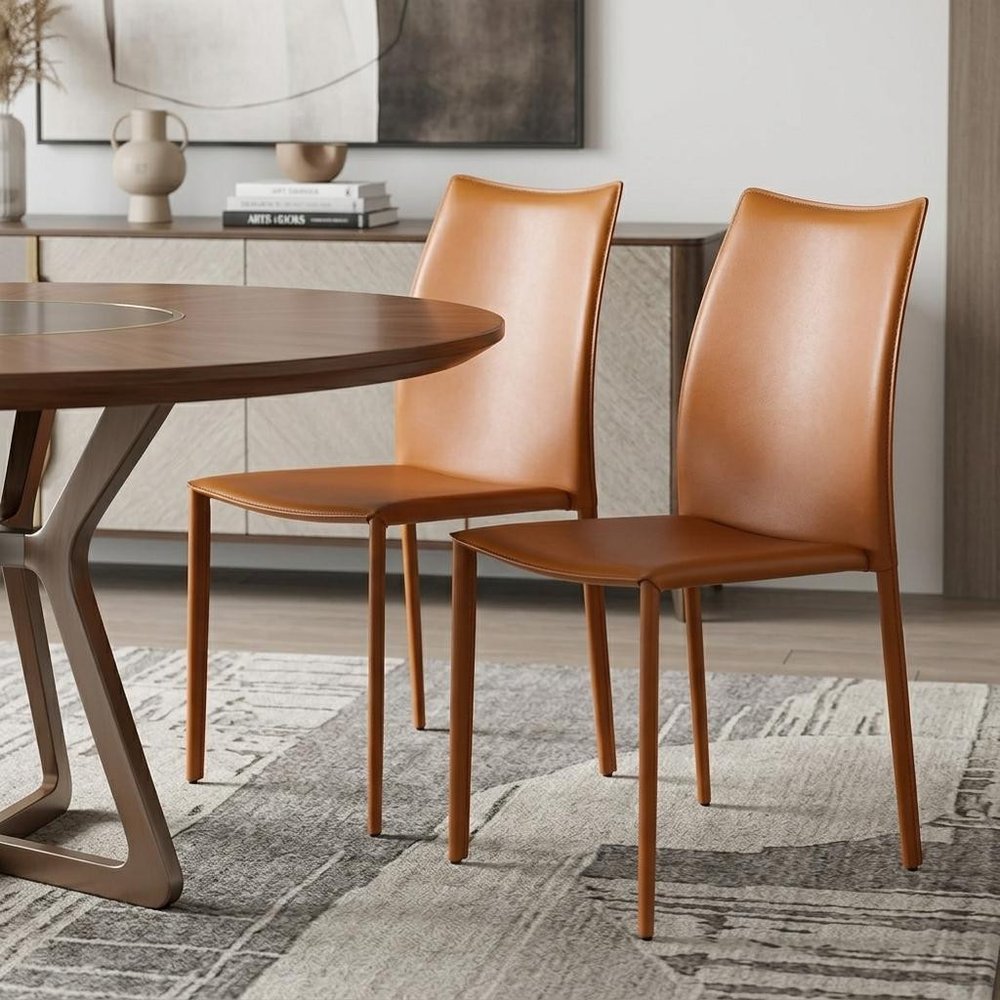 Set of Two Terra Cotta Upholstered Leather Dining Side Chairs