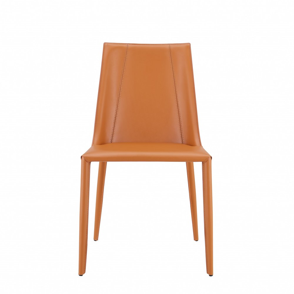 A terra cotta upholstered leather dining side chair on a white background.