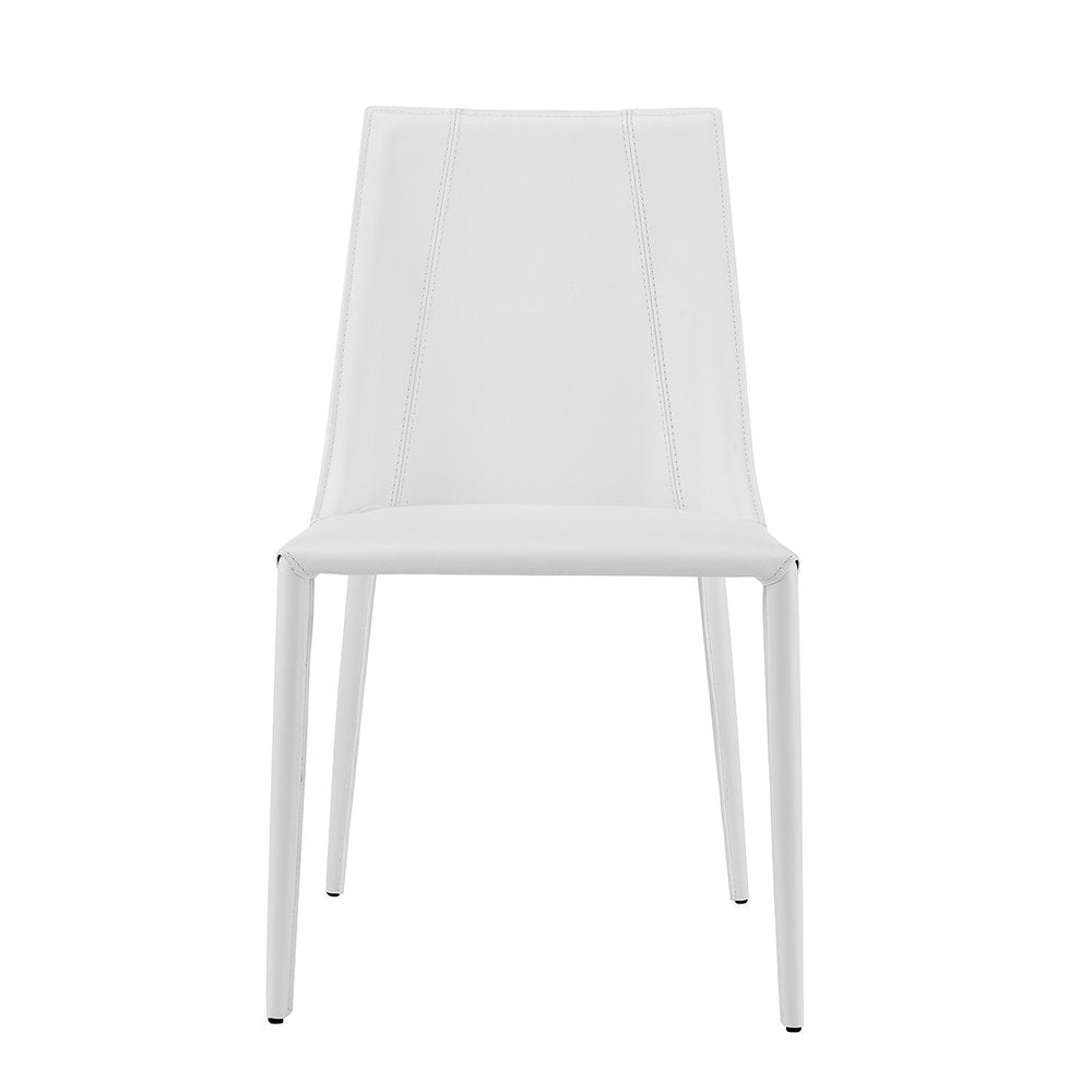 White upholstered leather dining side chair with slim white legs against a white background.