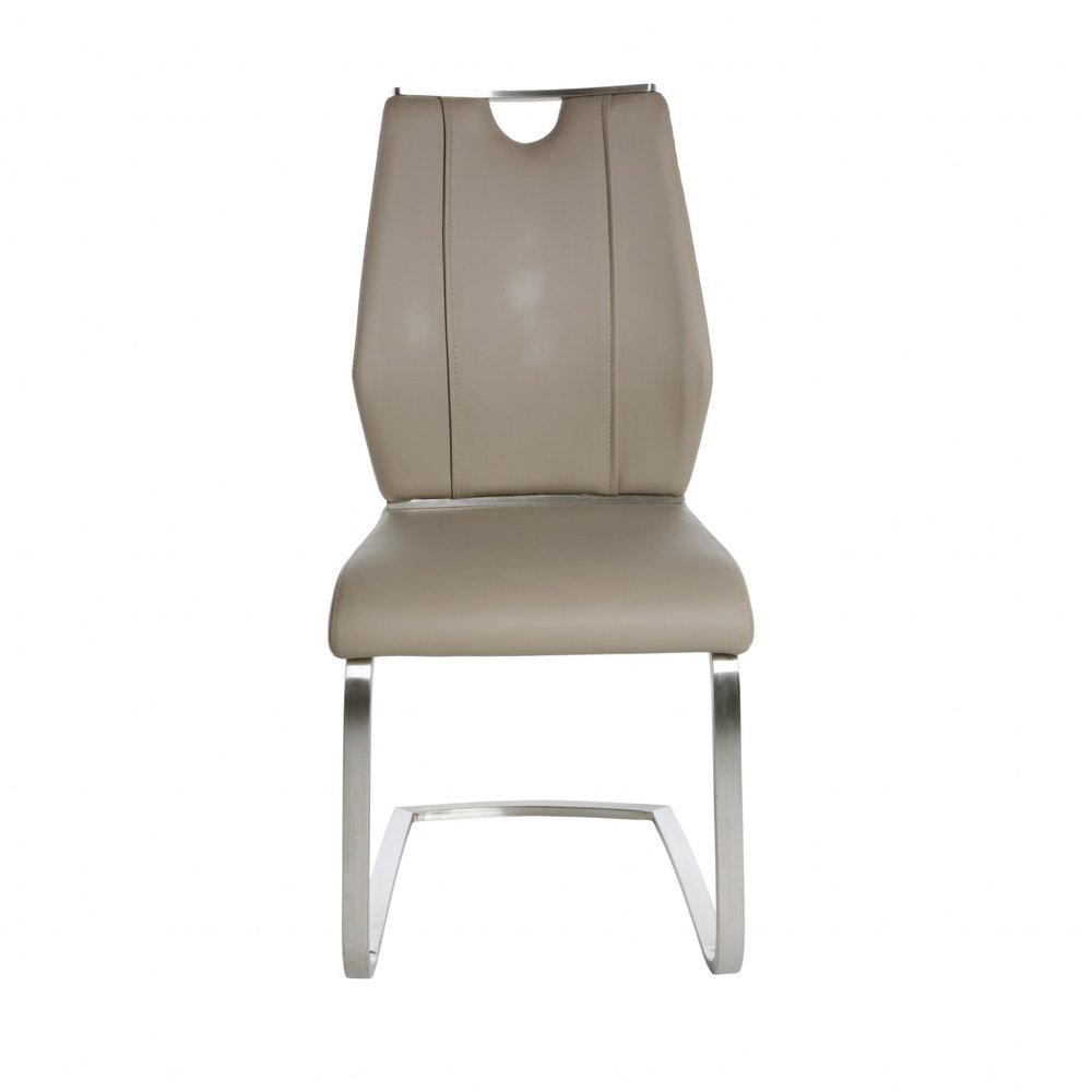 Set of Two Taupe and Silver Upholstered Leather Dining Side Chairs