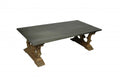 63" Gray and Brown Zinc and Solid Wood Pedestal Coffee Table. Coffee table isolated on a plain white background, in a gray wood finish.