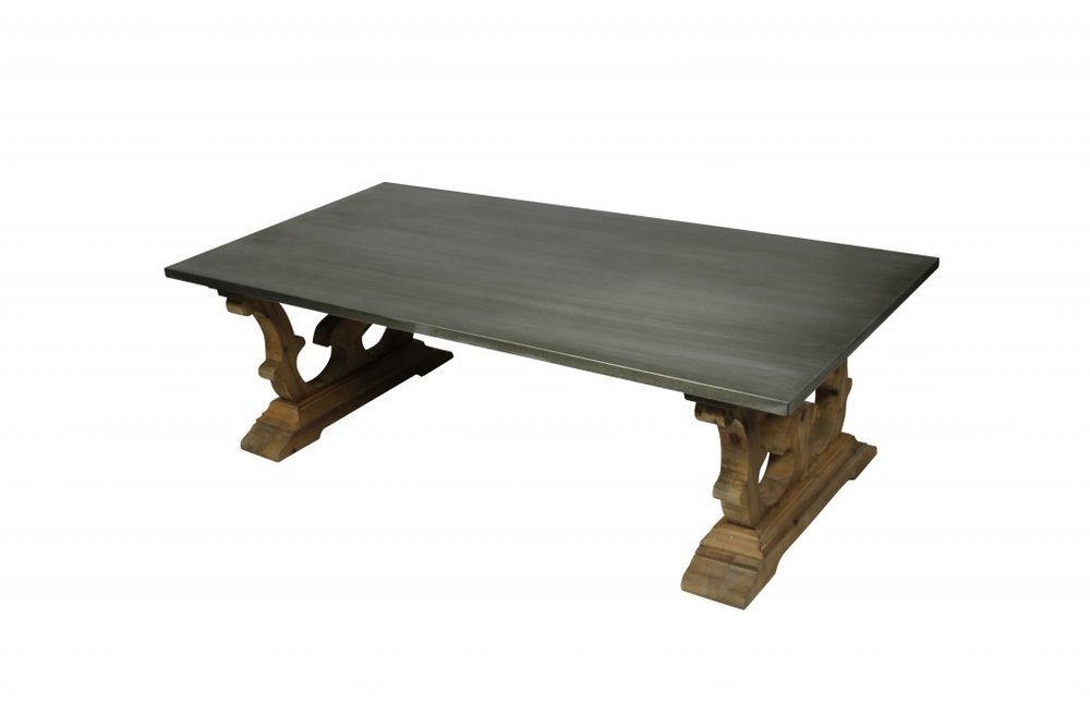 63" Gray and Brown Zinc and Solid Wood Pedestal Coffee Table. Coffee table isolated on a plain white background, in a gray wood finish.