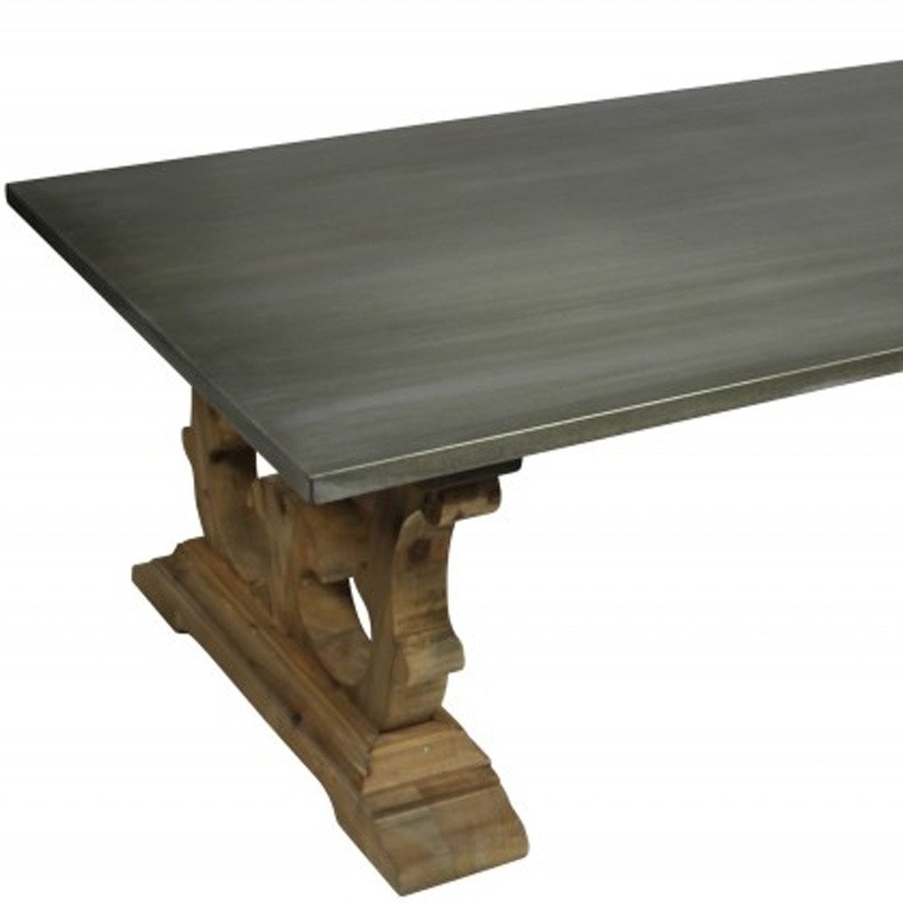 63" Gray and Brown Zinc and Solid Wood Pedestal Coffee Table. Coffee table isolated on a plain white background, finished in gray wood.
