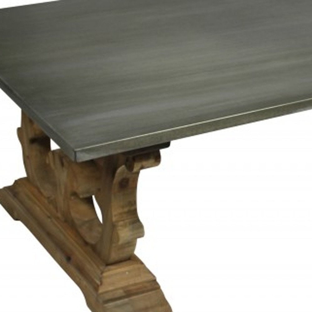 63" Gray and Brown Zinc and Solid Wood Pedestal Coffee Table. Coffee table in gray wood.