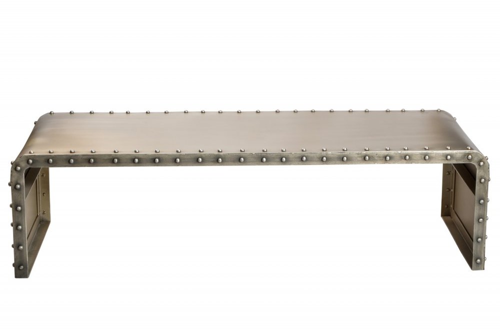 A gray metal coffee table with a riveted frame on a white background.