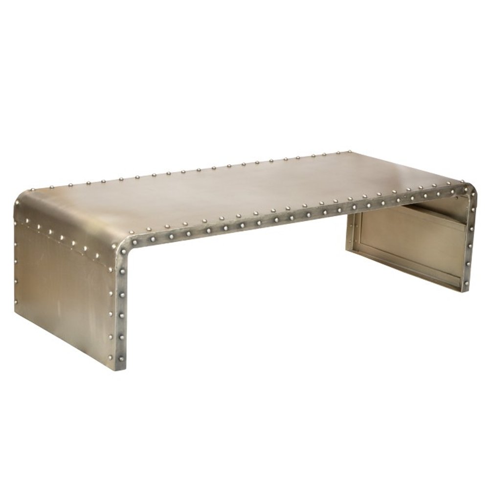60" Gray Aluminum and Metal Frame Coffee Table. Coffee table isolated on a plain white background, finished in gold metal.