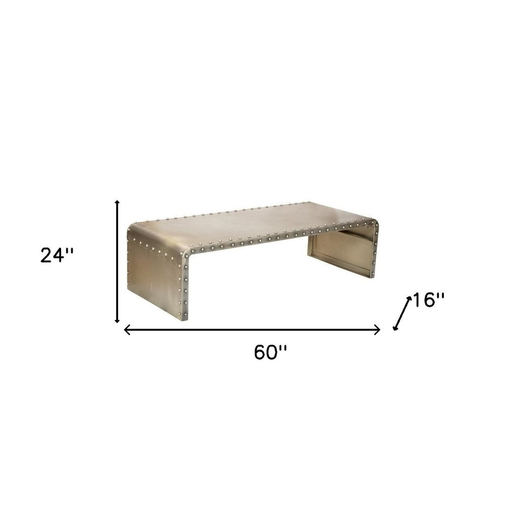 60" Gray Aluminum and Metal Frame Coffee Table. Coffee table isolated on a plain white background, finished in gold metal.