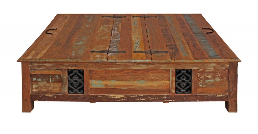 60" Green and Brown Solid Wood Distressed Lift Top Solid Coffee Table. Coffee table isolated on a plain white background, showing a brown wood surface.