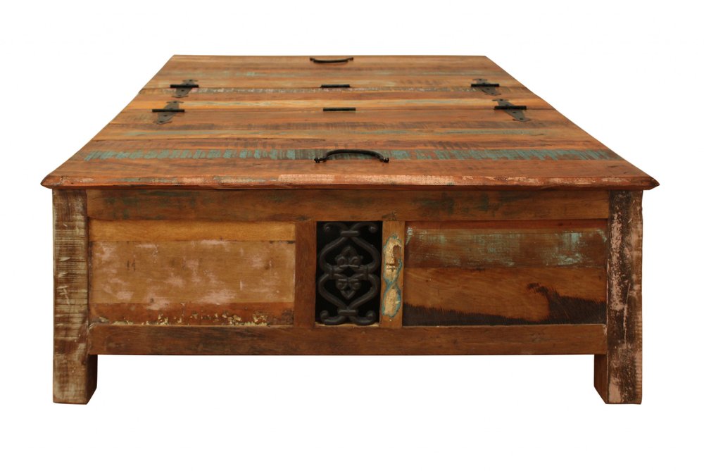 60" Green and Brown Solid Wood Distressed Lift Top Solid Coffee Table. Coffee table isolated on a plain white background, in a brown wood finish.