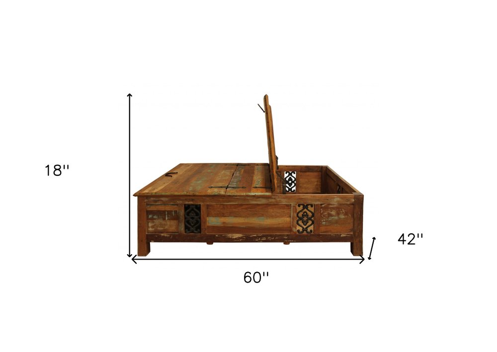 60" Green and Brown Solid Wood Distressed Lift Top Solid Coffee Table. Coffee table isolated on a plain white background, in a brown wood finish.