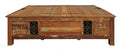 60" Green and Brown Solid Wood Distressed Lift Top Solid Coffee Table. Coffee table isolated on a plain white background, showing a brown wood surface.