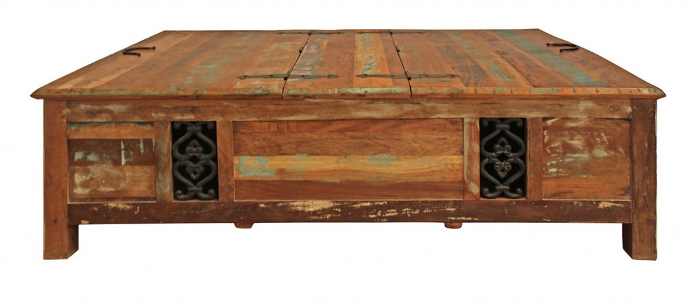 60" Green and Brown Solid Wood Distressed Lift Top Solid Coffee Table. Coffee table isolated on a plain white background, showing a brown wood surface.