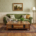 60" Green and Brown Solid Wood Distressed Lift Top Solid Coffee Table