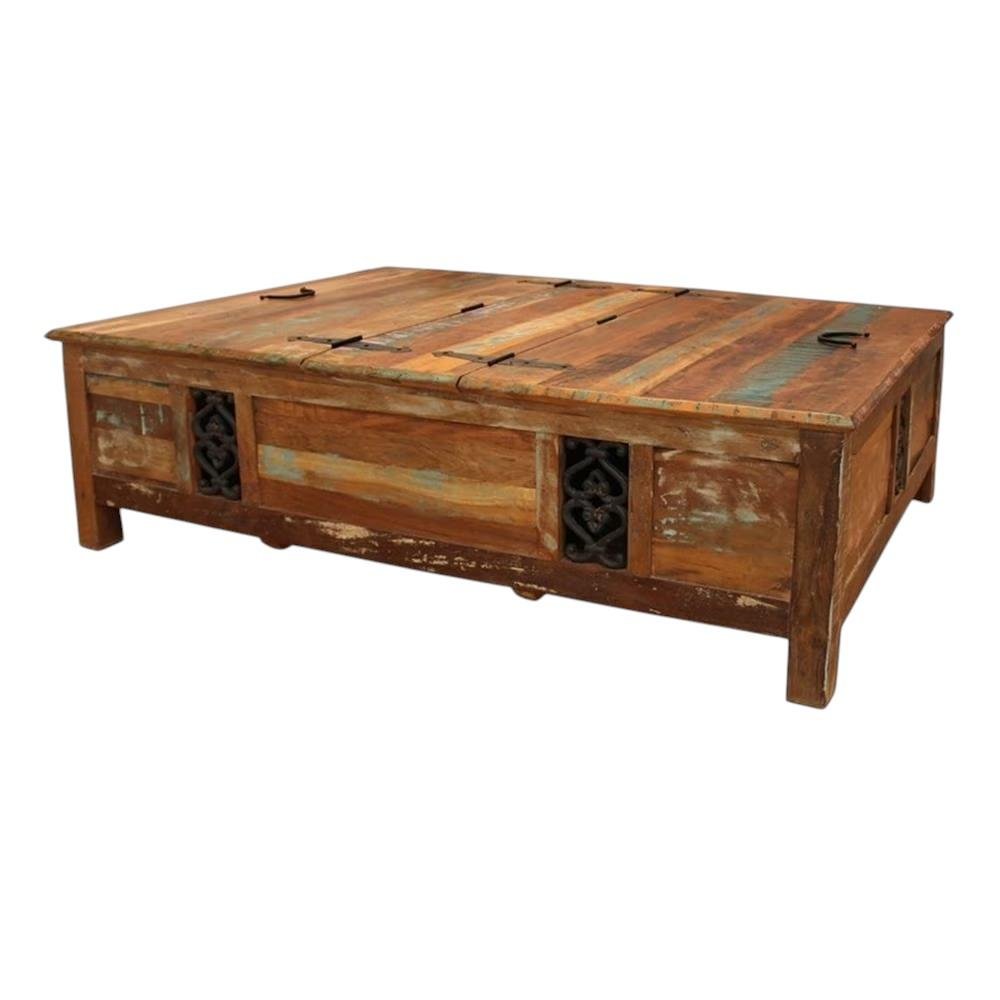 60" Green and Brown Solid Wood Distressed Lift Top Solid Coffee Table. Coffee table isolated on a plain white background, finished in brown wood.