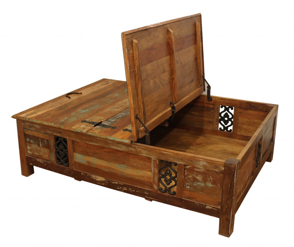 60" Green and Brown Solid Wood Distressed Lift Top Solid Coffee Table. Coffee table isolated on a plain white background, in a brown wood finish.