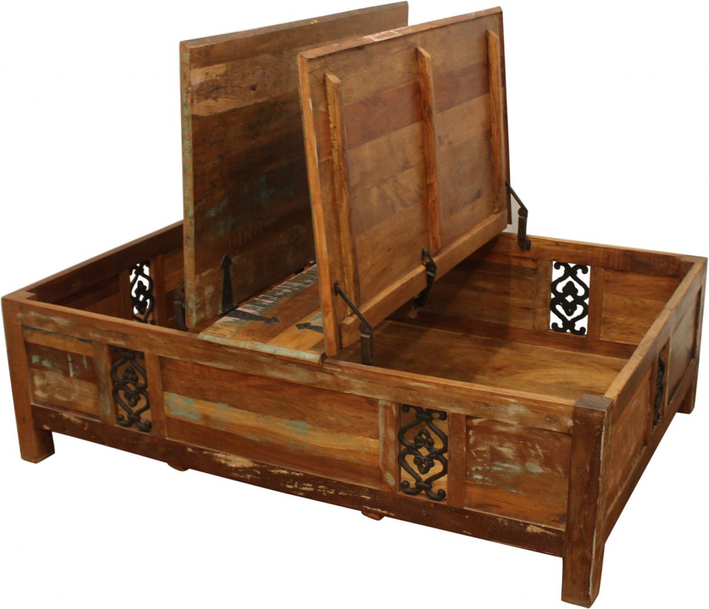 60" Green and Brown Solid Wood Distressed Lift Top Solid Coffee Table. Coffee table isolated on a plain white background, showing a brown wood surface.