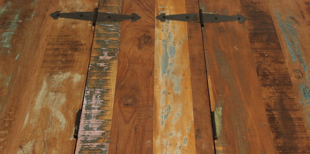 60" Green and Brown Solid Wood Distressed Lift Top Solid Coffee Table. Coffee table in brown wood.