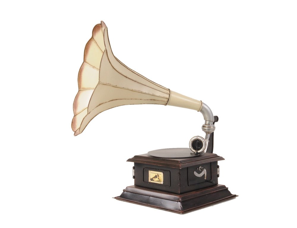 c1911 HMV Gramophone Built to Scale Model Sculpture on a white background