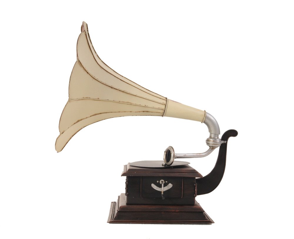 c1911 HMV Gramophone Built to Scale Model Sculpture on a white background