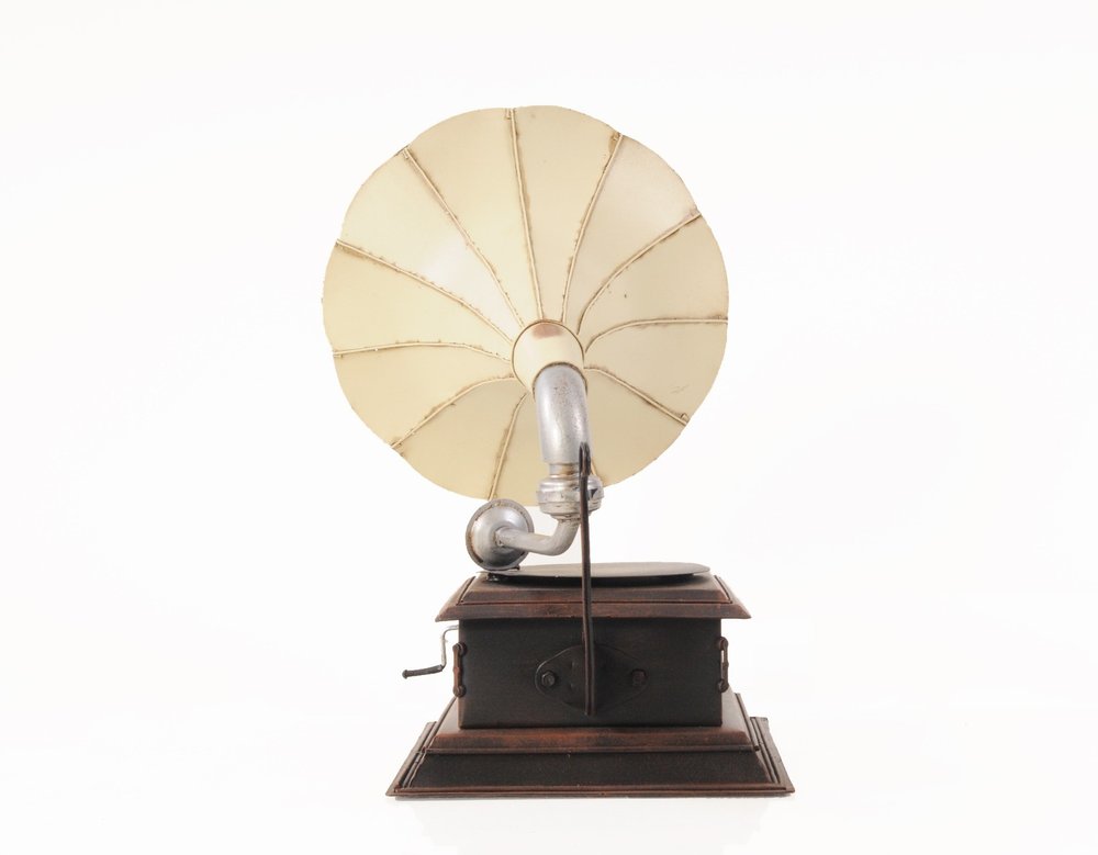 c1911 HMV Gramophone Built to Scale Model Sculpture on a white background