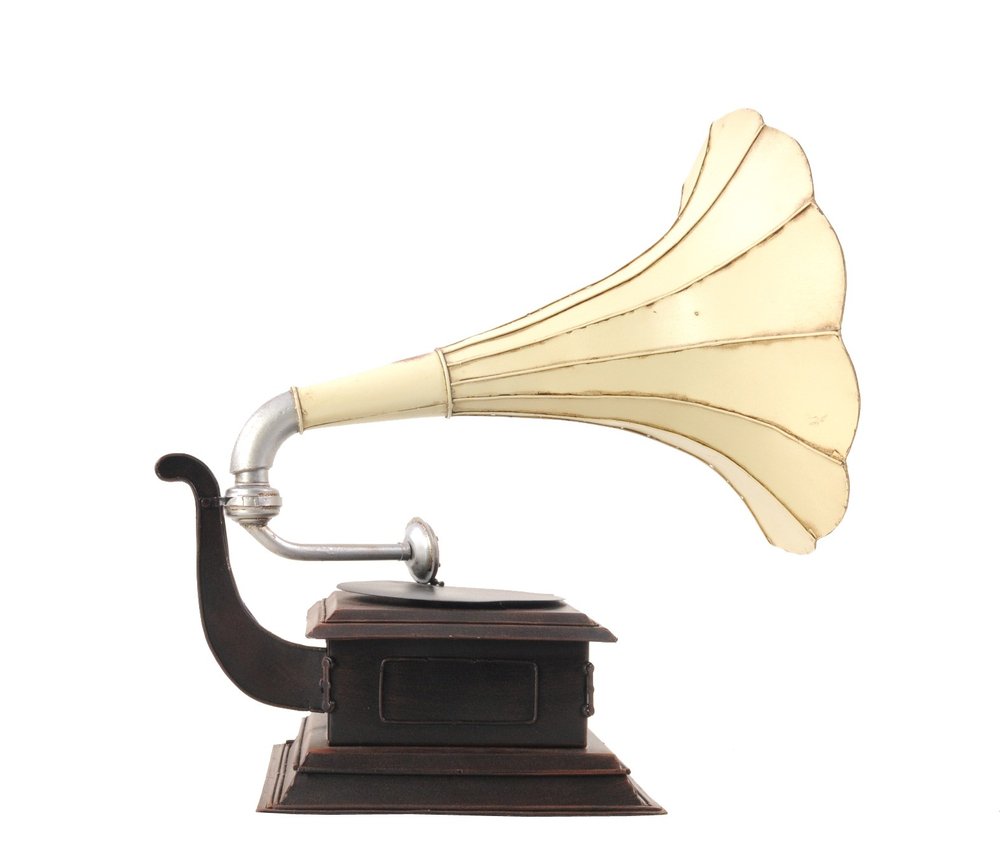 c1911 HMV Gramophone Built to Scale Model Sculpture on a white background