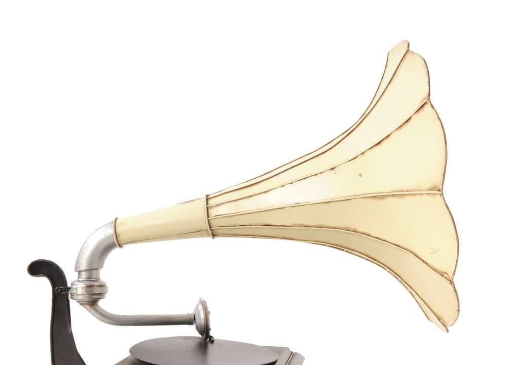 c1911 HMV Gramophone Built to Scale Model Sculpture on a white background