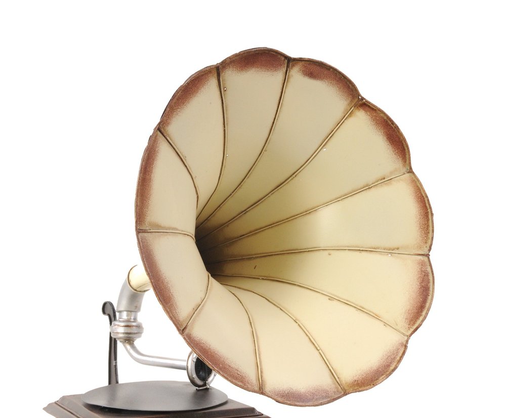 c1911 HMV Gramophone Built to Scale Model Sculpture on a white background