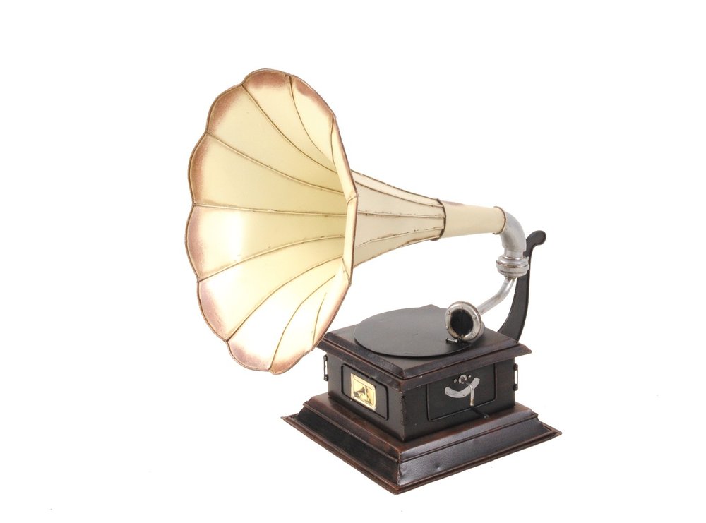 c1911 HMV Gramophone Built to Scale Model Sculpture on a white background