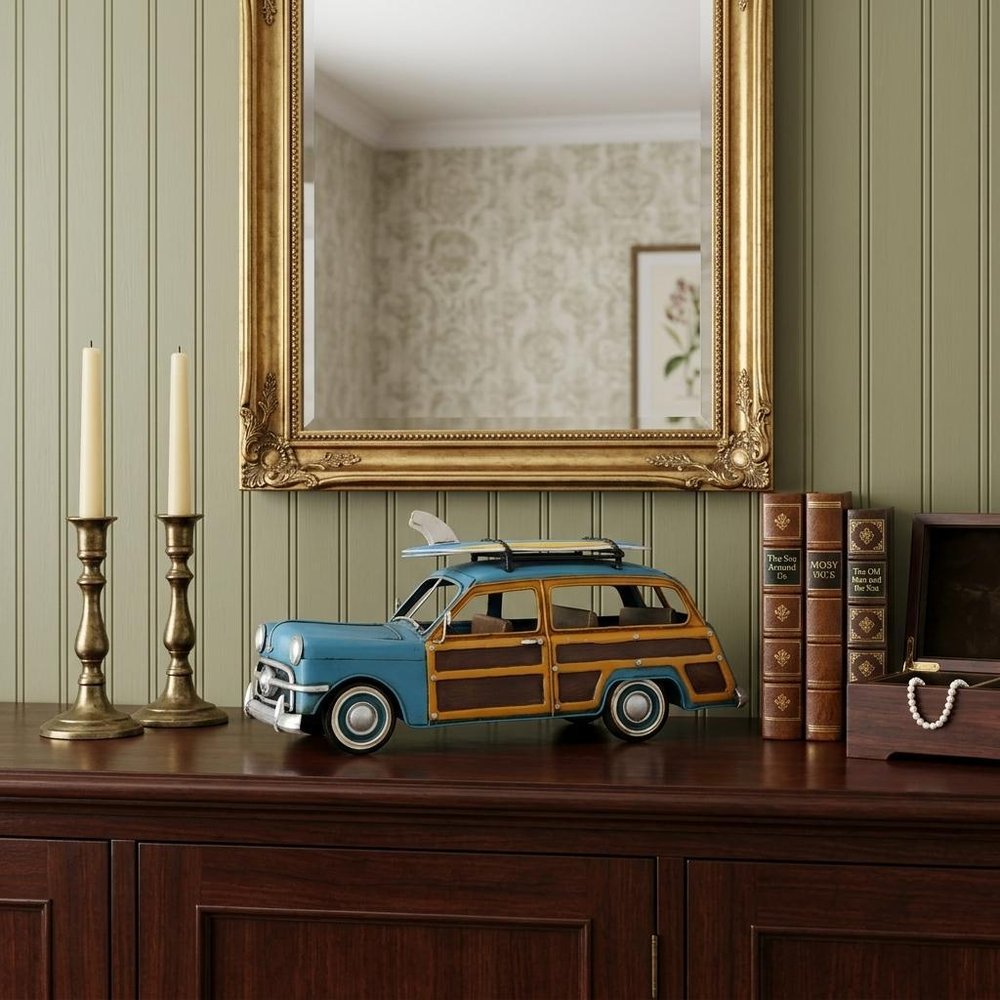 6" Blue And Yellow Metal Hand Painted Decorative Car