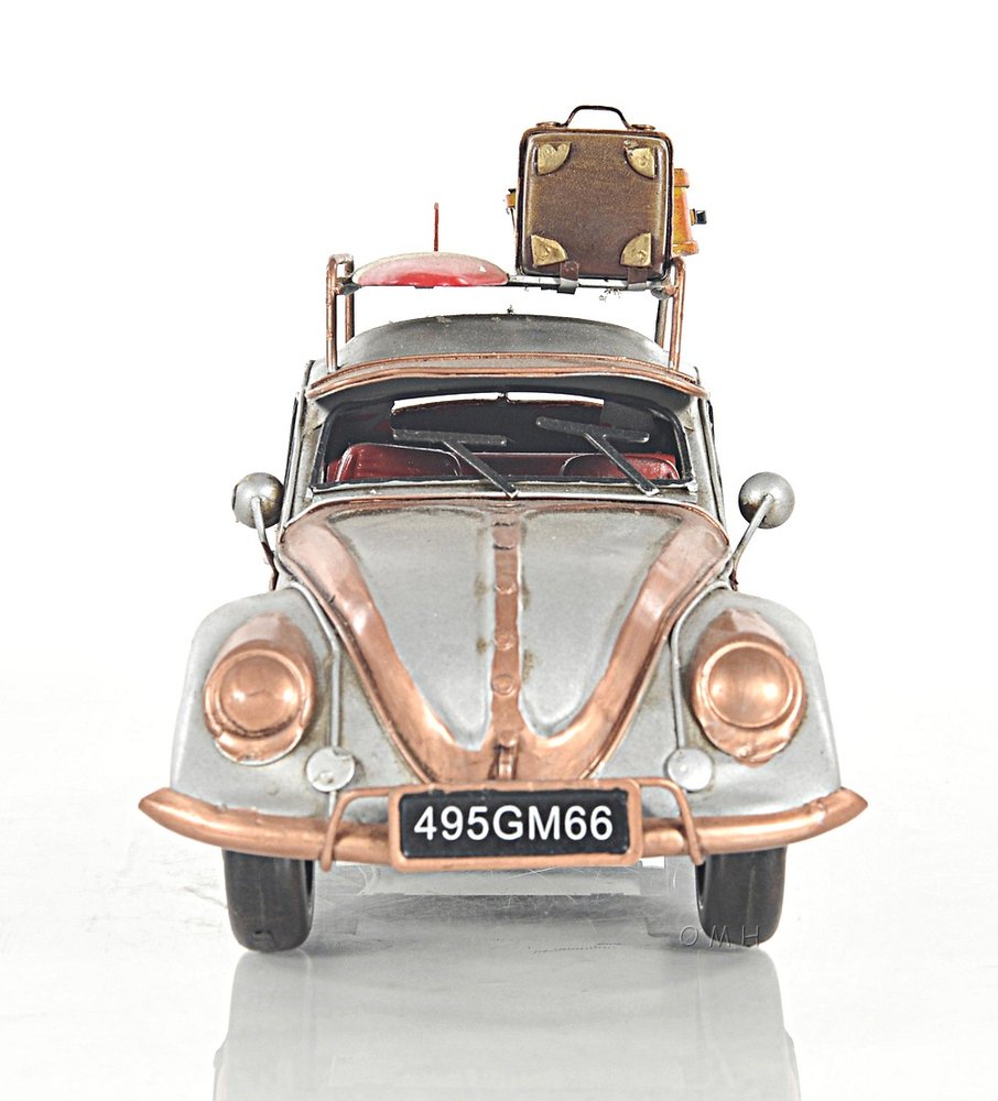 7" Silver Metal Hand Painted Model Car Tabletop Sculpture on a white background