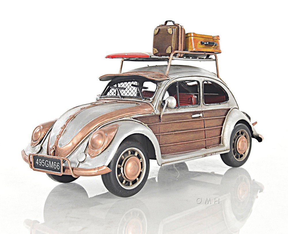 7" Silver Metal Hand Painted Model Car Tabletop Sculpture on a white background