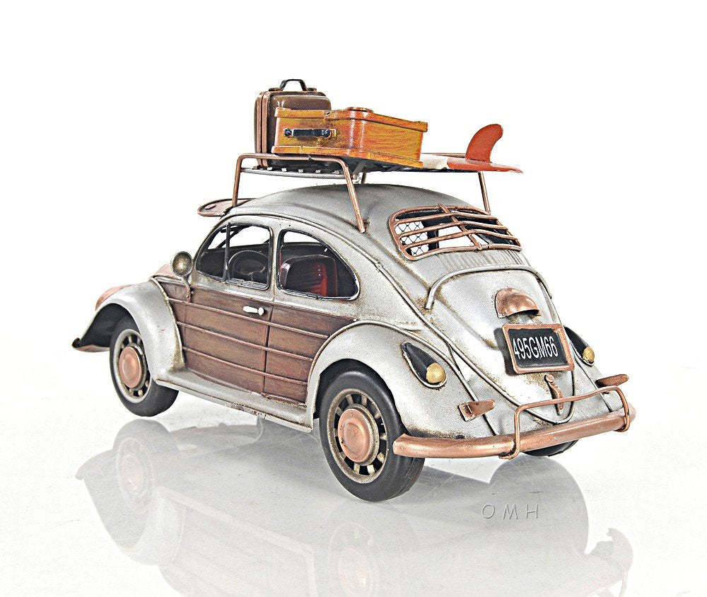 7" Silver Metal Hand Painted Model Car Tabletop Sculpture on a white background