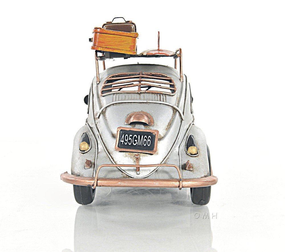 7" Silver Metal Hand Painted Model Car Tabletop Sculpture on a white background