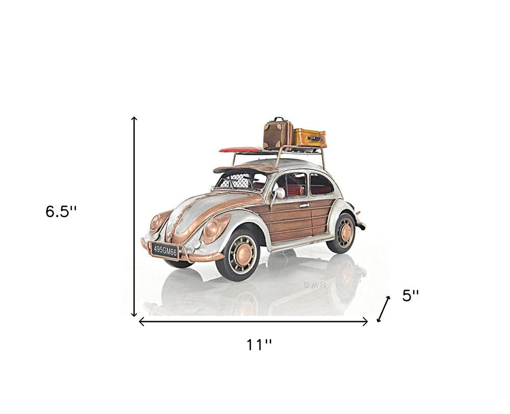 7" Silver Metal Hand Painted Model Car Tabletop Sculpture on a white background