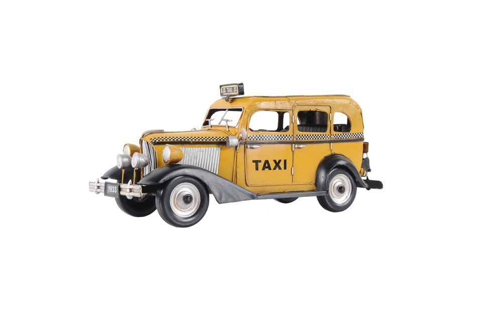 14" Yellow Checker Taxi Cab Model Sculpture. Sculpture isolated on a plain white background, finished in yellow.