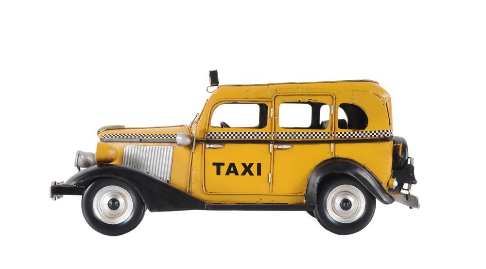 14" Yellow Checker Taxi Cab Model Sculpture. Sculpture isolated on a plain white background, finished in yellow.