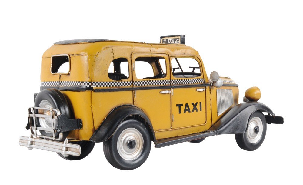 14" Yellow Checker Taxi Cab Model Sculpture. Sculpture isolated on a plain white background, in a yellow finish.