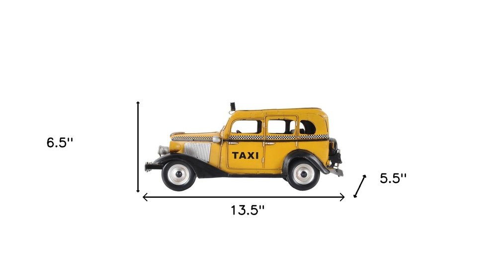14" Yellow Checker Taxi Cab Model Sculpture. Sculpture isolated on a plain white background, showing its yellow color.