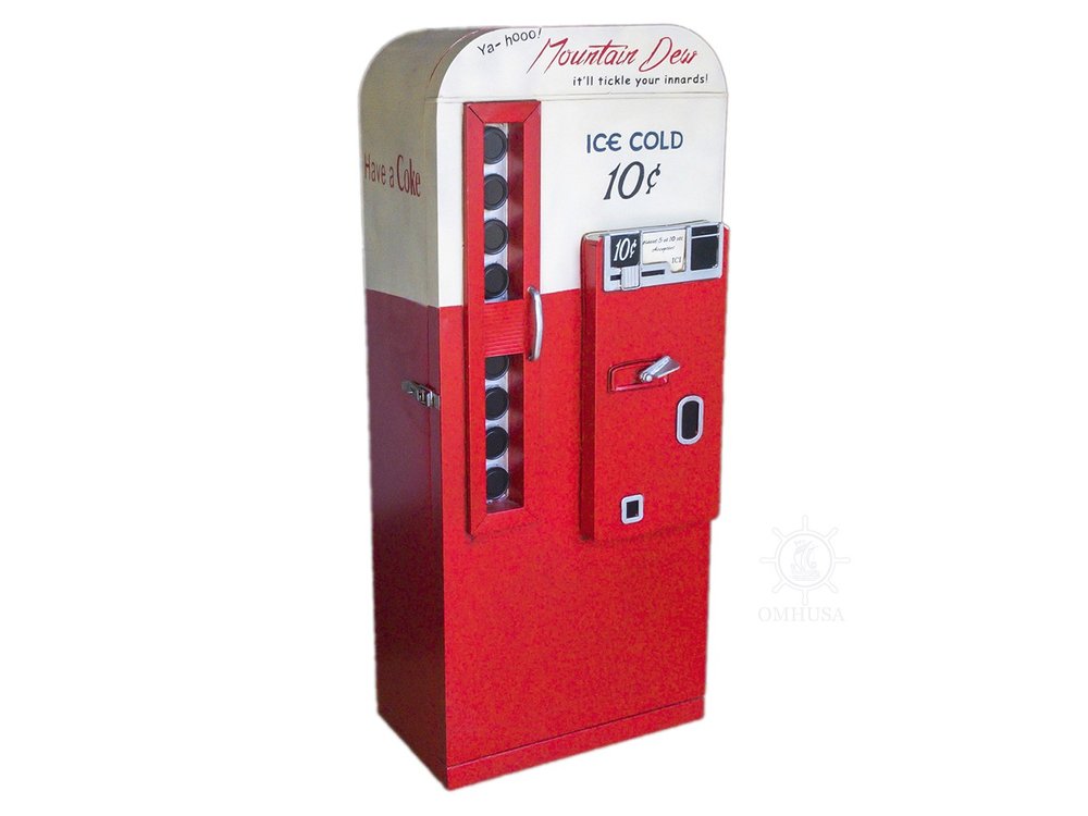 Red and white vintage-style Coca-Cola vending machine with "Mountain Dew" branding, on a white background.